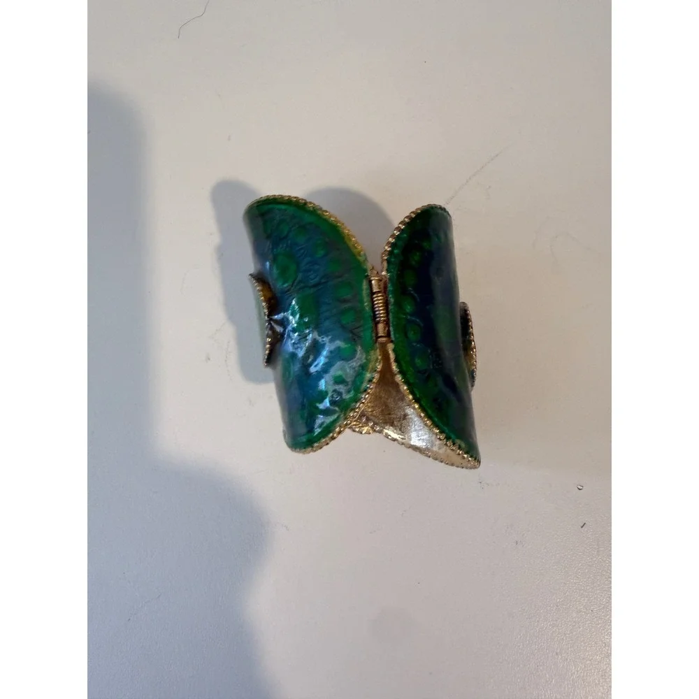 Green Blue Enamel Paisley Hinged Cuff Bracelet Gold Tone Statement Wide Band